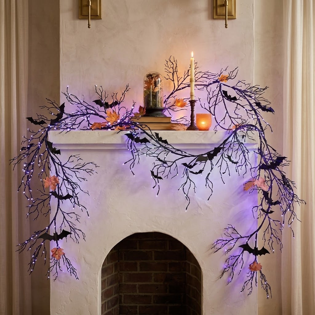 🕷️ Halloween Coral Branch & Black Maple Leaf String Lights