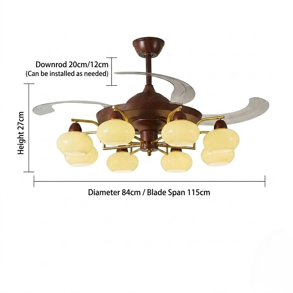 Retractable Ceiling Fan Light - Walnut & Glass Globes