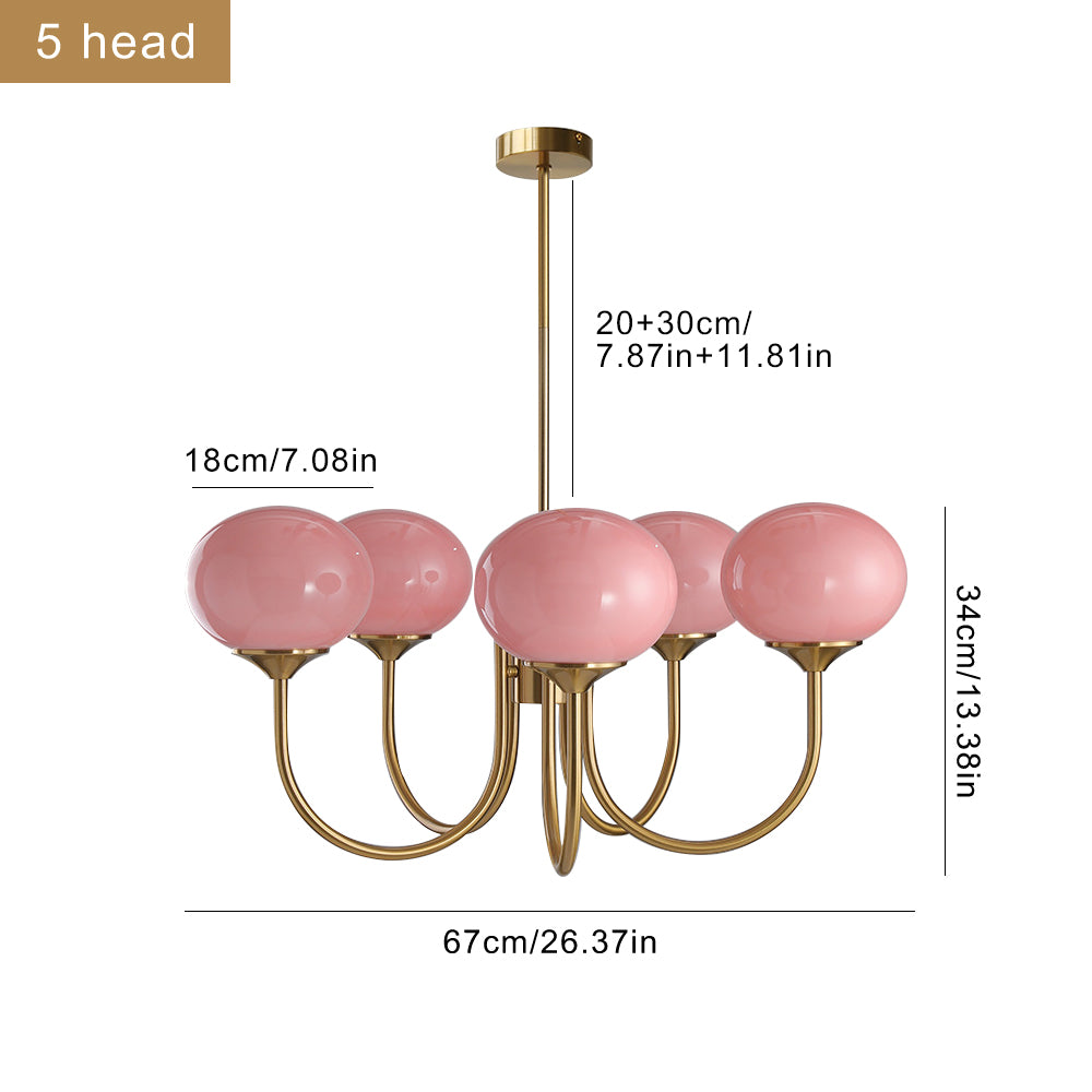 Modern Gooseneck Globe Chandelier - Mid-Century Pink & Orange Glass Pendant