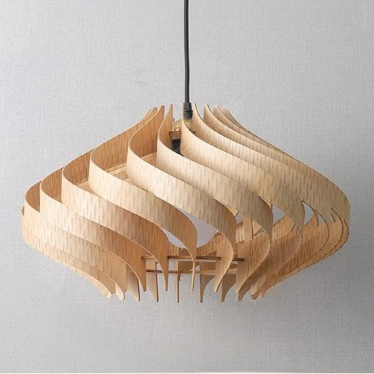 Modern Curved Wood Veneer Swirl Pendant Light - Japandi Onion Dome Chandelier
