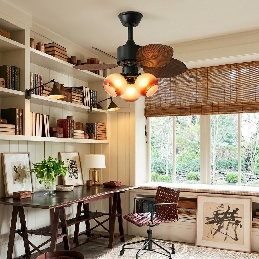 29 Inch Palm Leaf Ceiling Fan with Amber Glass Lights