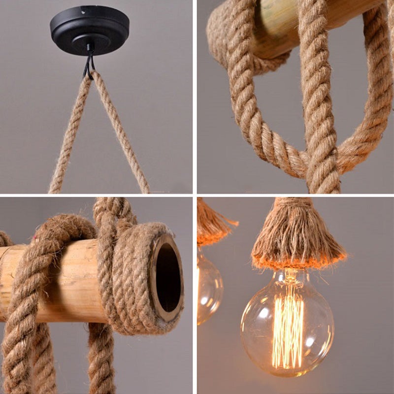 Vintage Bamboo Rope Chandelier Hemp Rope Pendant Lamp