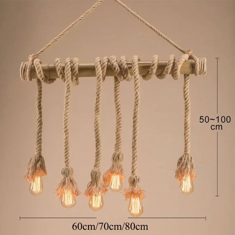 Vintage Bamboo Rope Chandelier Hemp Rope Pendant Lamp