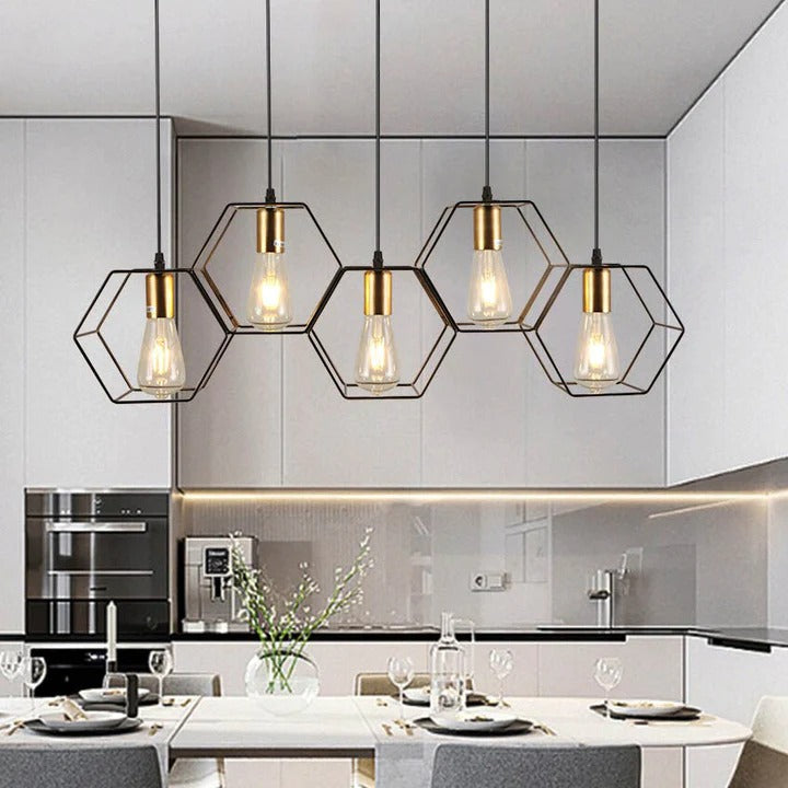 3/5 Light Metal Rod Hanging Lamp With Geometric Iron Frame Dining Room Chandelier
