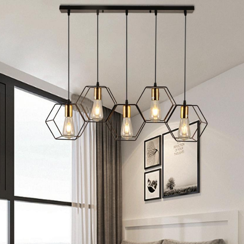 3/5 Light Metal Rod Hanging Lamp With Geometric Iron Frame Dining Room Chandelier