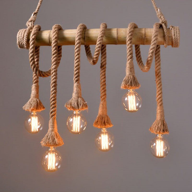 Vintage Bamboo Rope Chandelier Hemp Rope Pendant Lamp