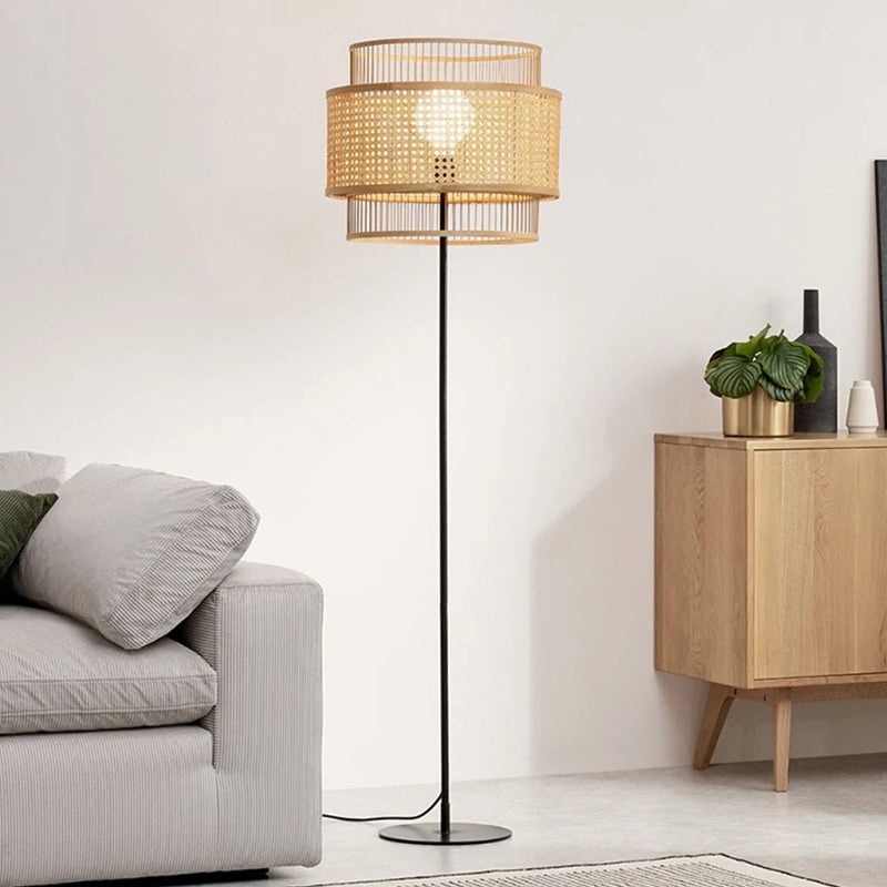 Hand-Woven Rattan Floor Lamps & Table Lamp Vintage Design