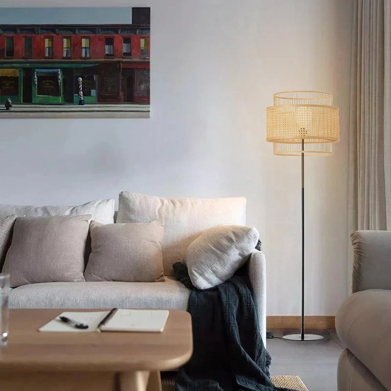 Hand-Woven Rattan Floor Lamps & Table Lamp Vintage Design