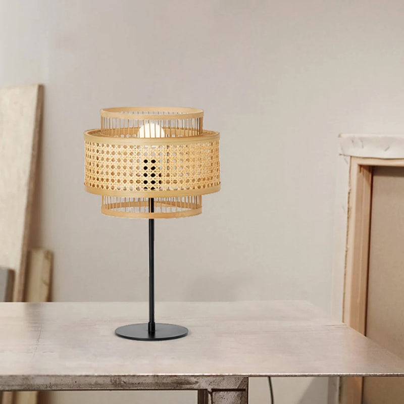 Hand-Woven Rattan Floor Lamps & Table Lamp Vintage Design
