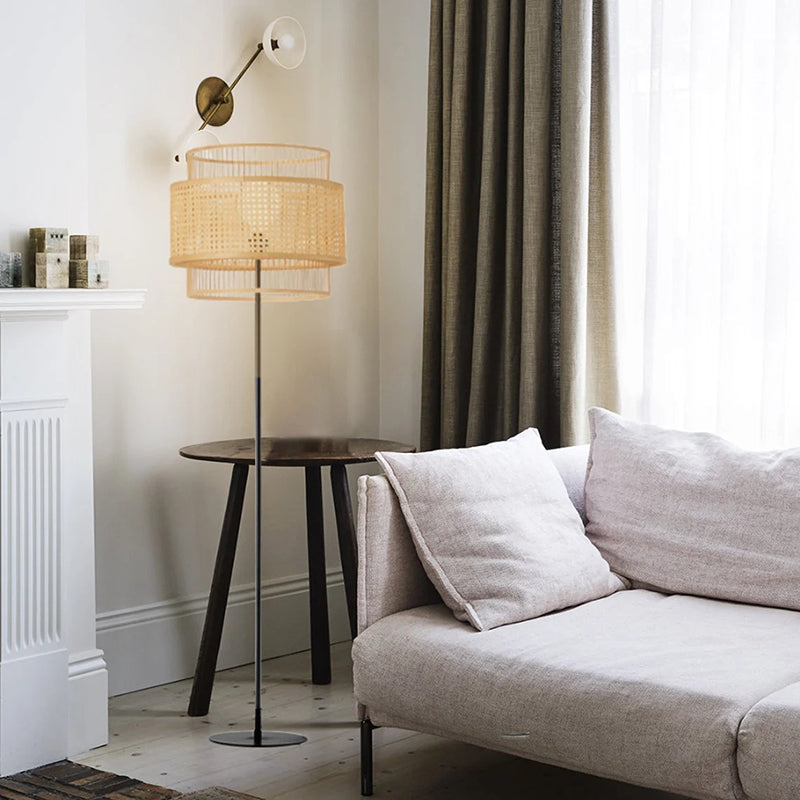Hand-Woven Rattan Floor Lamps & Table Lamp Vintage Design