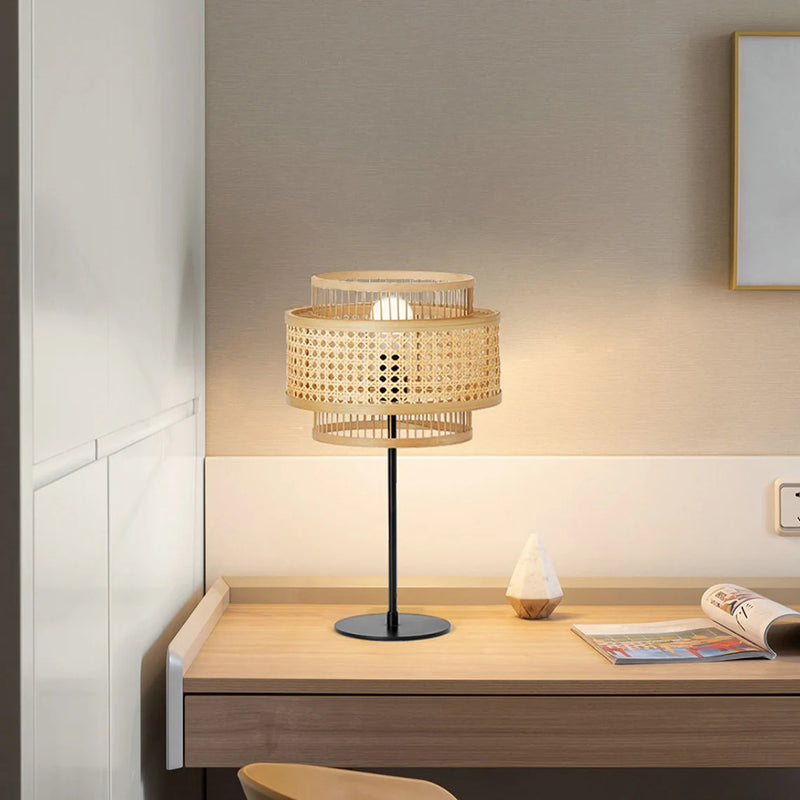 Hand-Woven Rattan Floor Lamps & Table Lamp Vintage Design