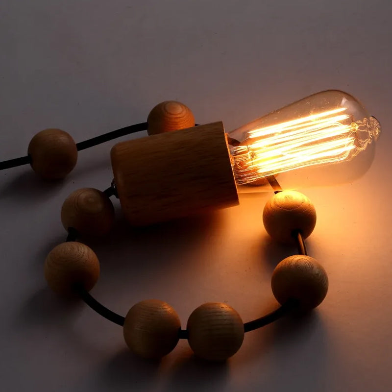 Modern Solid Wood Bead Chain Hanging Pendant Lights