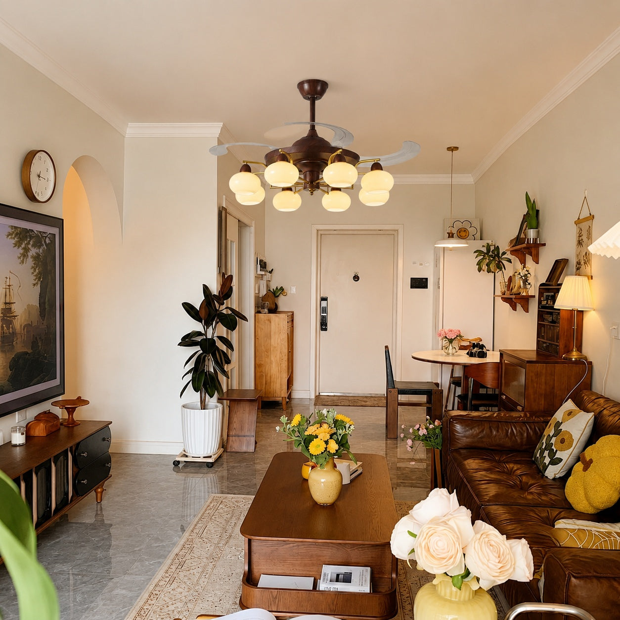Retractable Ceiling Fan Light - Walnut & Glass Globes