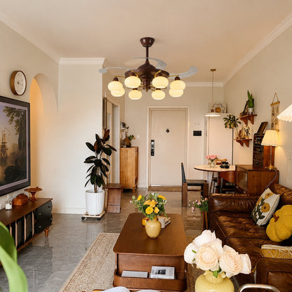 Retractable Ceiling Fan Light - Walnut & Glass Globes