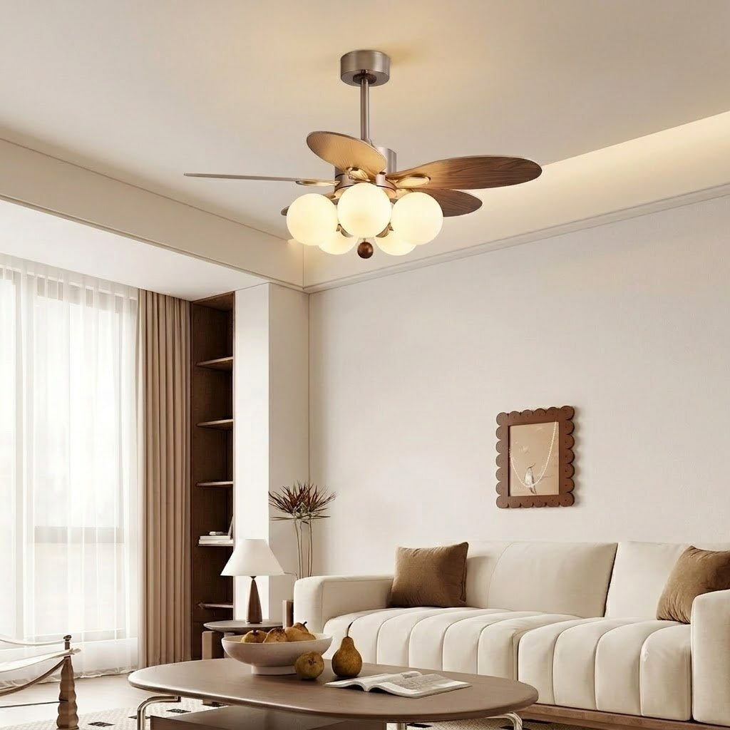 Modern Style Ceiling Fan with Light Iron & Glass Shades for Bedroom