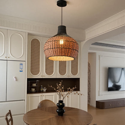 Two-Tone Rattan Pendant Light - Black & Natural Woven Bell Chandelier