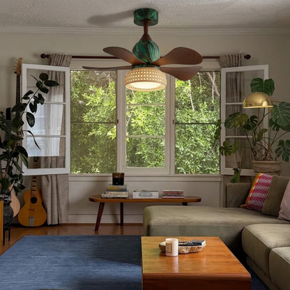 Retro Tropical Rattan Ceiling Fan with Light - 28" 5-Blade Fan