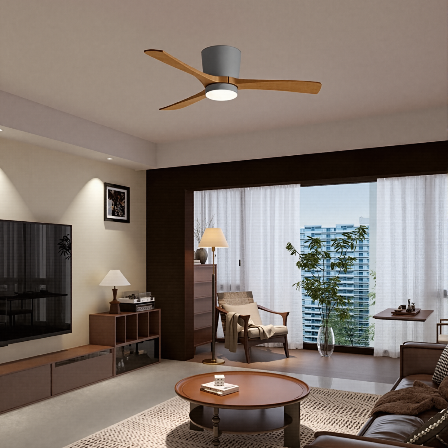 Modern Low Profile Solid Wood Ceiling Fan with Light - 3-Blade Hugger LED Fan Flush Mount