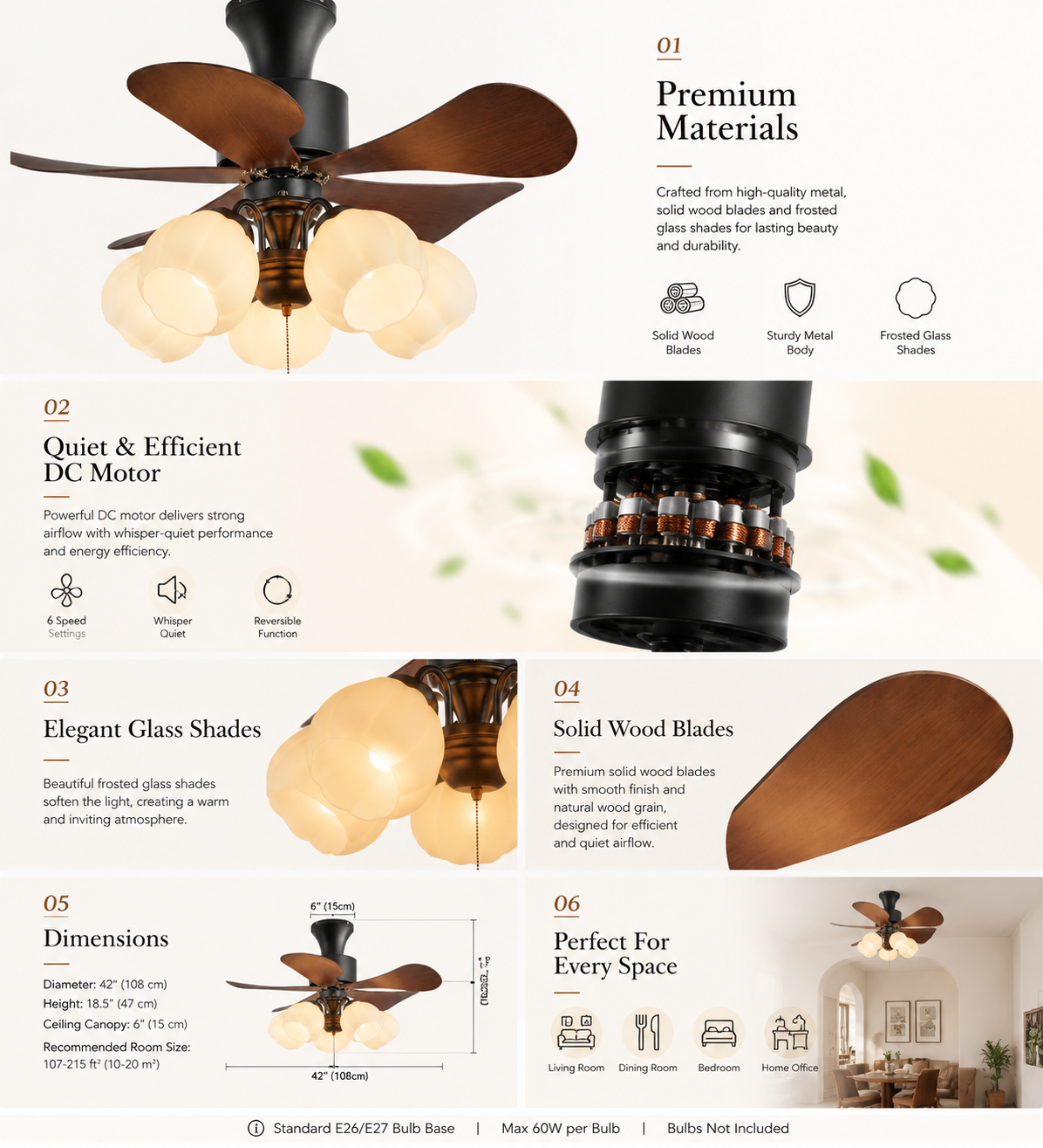 Nordic Wood Effect Ceiling Fan with Light, Frosted Flower Glass Shades for Bedroom & Living Room