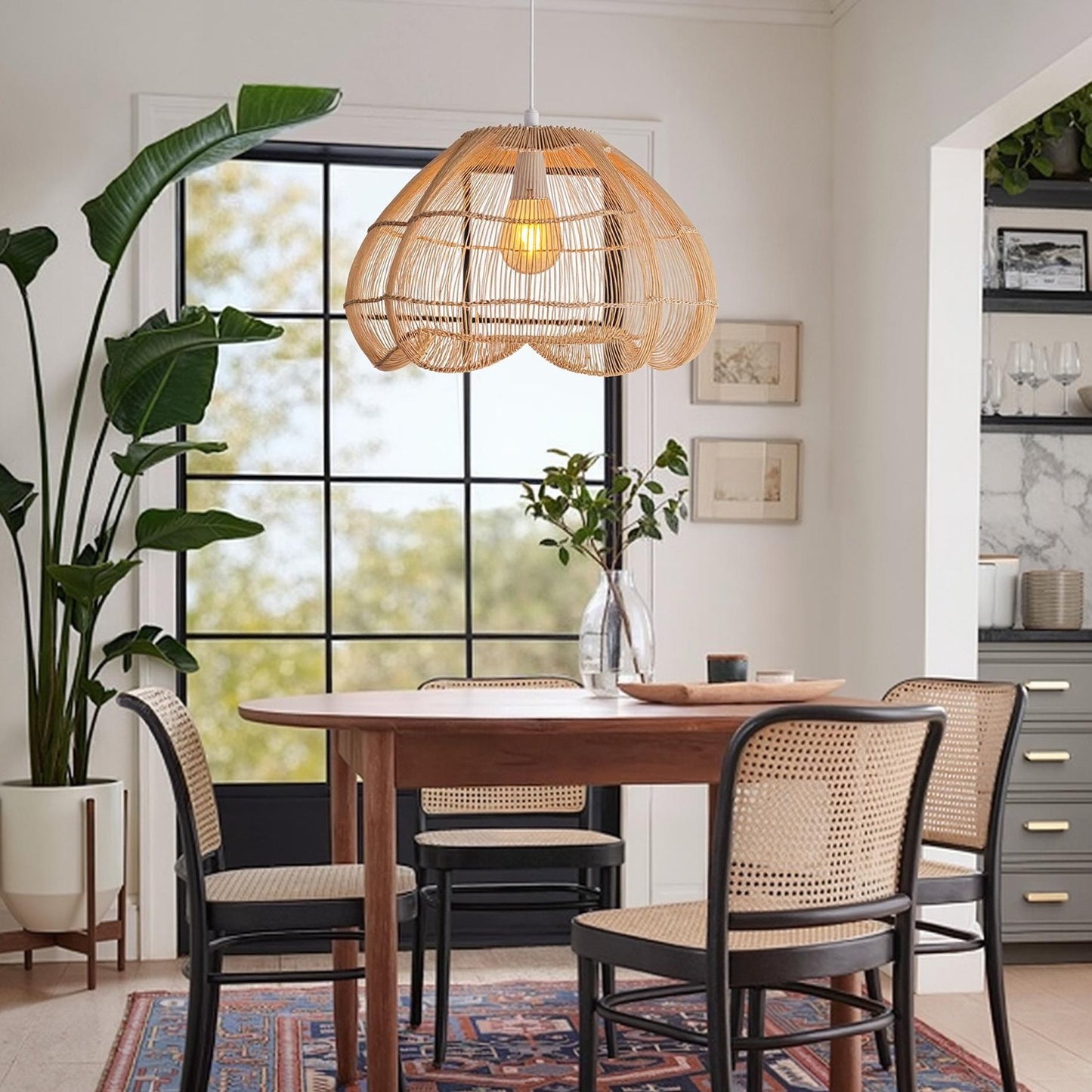 Modern Hand-Woven Rattan Scalloped Pendant Light - Japandi Fluted Dome Chandelier