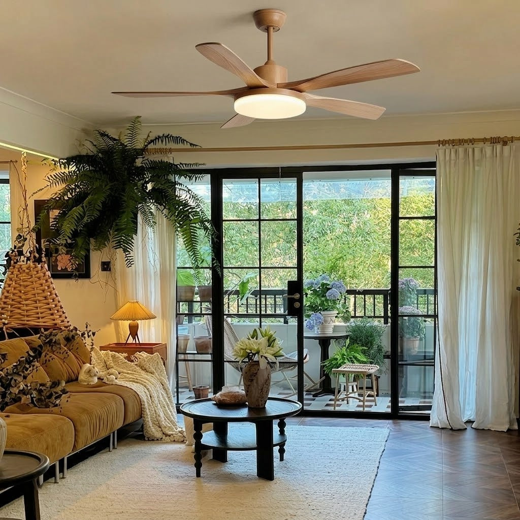 Modern Style Ceiling Fan with Light Natural Wood Finish & LED for Bedroom