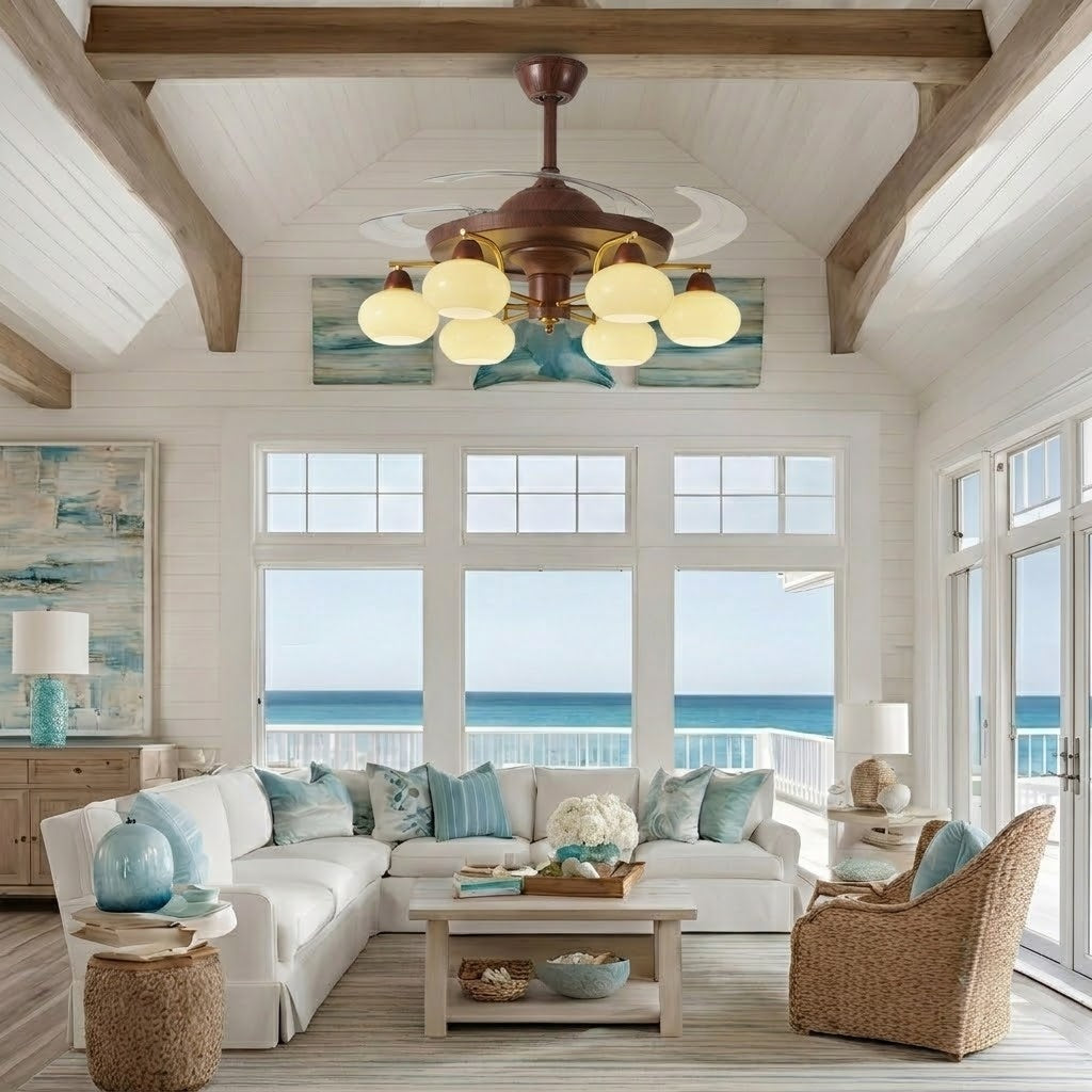 Retractable Ceiling Fan Light - Walnut & Glass Globes