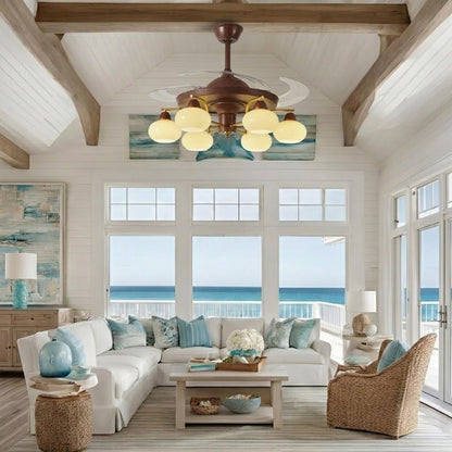 Retractable Ceiling Fan Light - Walnut & Glass Globes