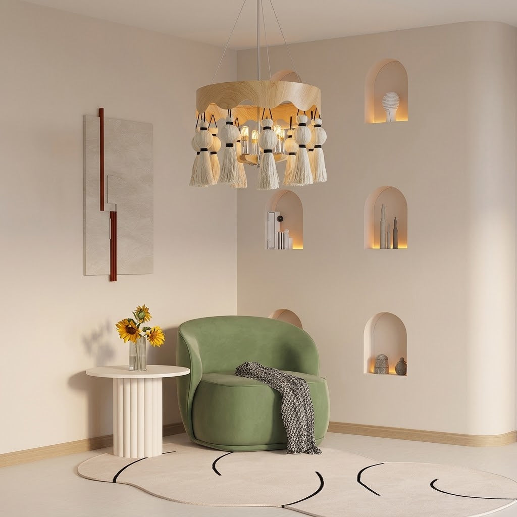 Modern Rustic Wood Tassel Chandelier - 6-Light Pendant