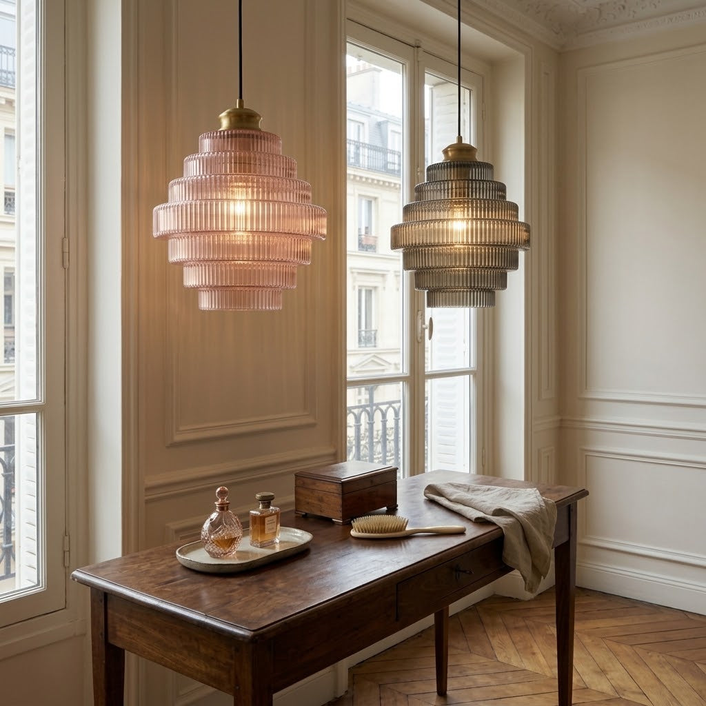 Tiered Ribbed Glass Pendant Light | Sculptural Hand-Blown Glass & Brushed Brass