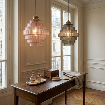 Tiered Ribbed Glass Pendant Light | Sculptural Hand-Blown Glass & Brushed Brass