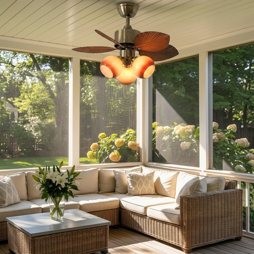 29 Inch Palm Leaf Ceiling Fan with Amber Glass Lights