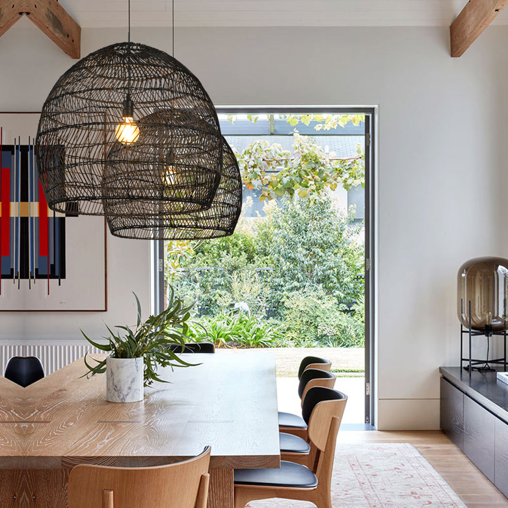 Hand-Woven Rattan Dome Pendant Light - Organic Boho Wicker Chandelier