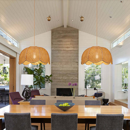 Modern Hand-Woven Rattan Scalloped Pendant Light - Japandi Wavy Dome Chandelier