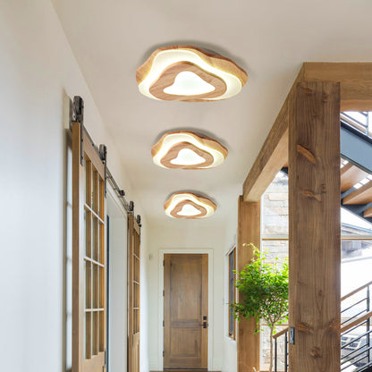 Modern Organic Wood Flush Mount Ceiling Light - Japandi Topographic LED Lamp