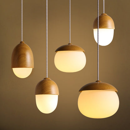 Nordic Acorn Wood-Grain Pendant Light - Frosted Glass Globe Chandelier