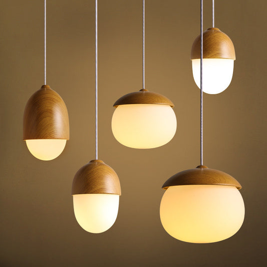 Nordic Acorn Wood-Grain Pendant Light - Frosted Glass Globe Chandelier