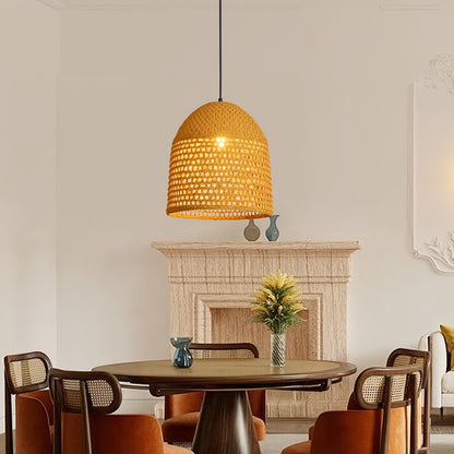 Modern Hand-Woven Straw Pendant Light - Japandi Open Weave Dome Lamp