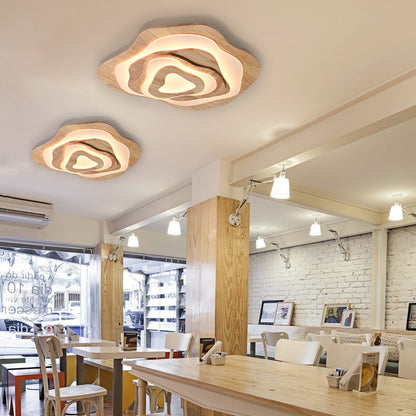 Modern Organic Wood Flush Mount Ceiling Light - Japandi Topographic LED Lamp