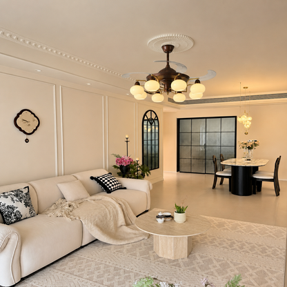 Retractable Ceiling Fan Light - Walnut & Glass Globes
