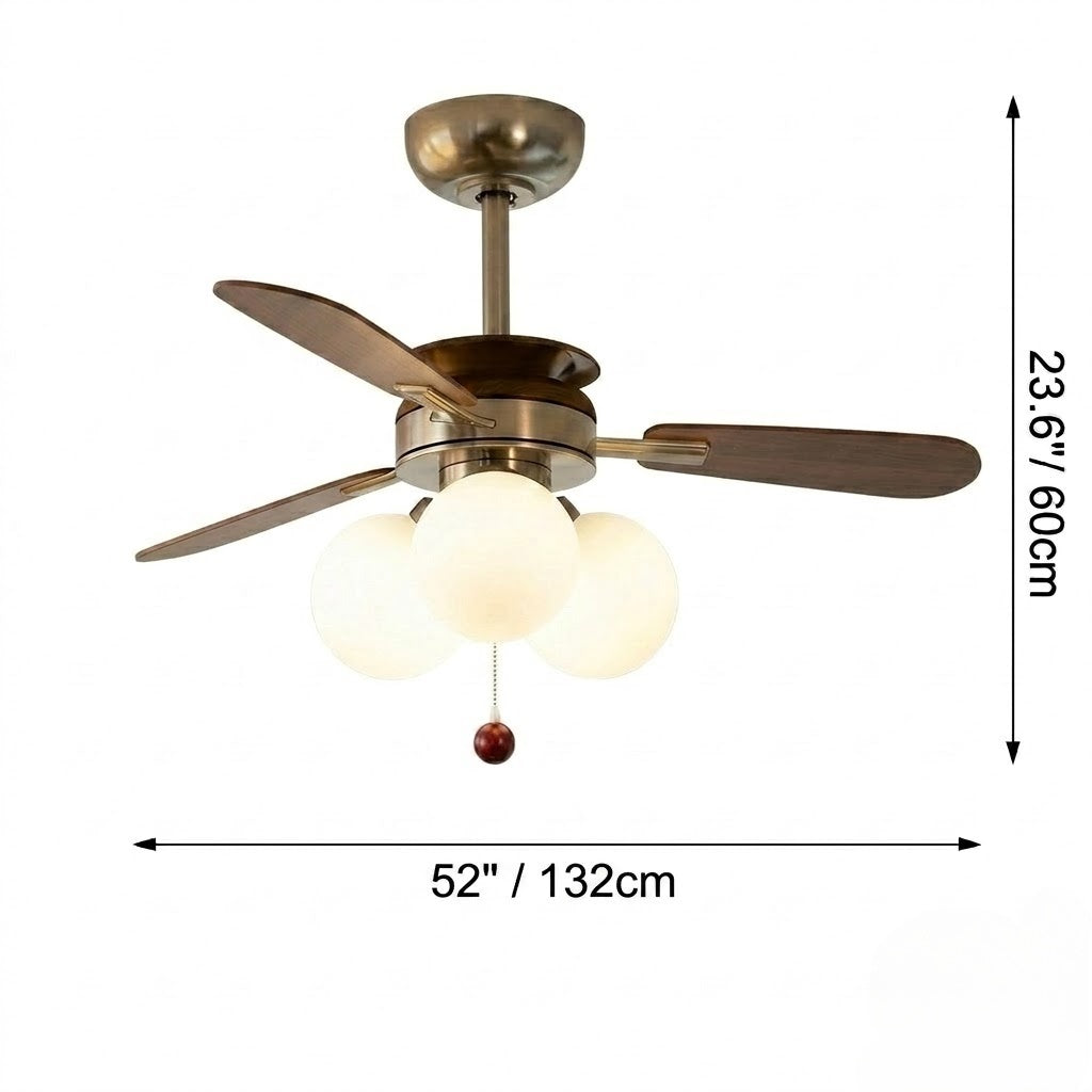 Modern Nordic Wooden Ceiling Fan with Light, 3 Glass Shades for Bedroom Living Room