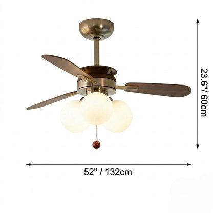 Modern Nordic Wooden Ceiling Fan with Light, 3 Glass Shades for Bedroom Living Room