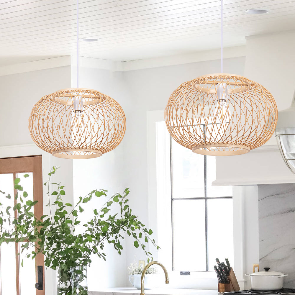 Boho Bamboo Pendant Light Wicker Hanging Lamp for Dining,Kitchen
