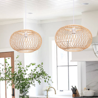 Boho Bamboo Pendant Light Wicker Hanging Lamp for Dining,Kitchen