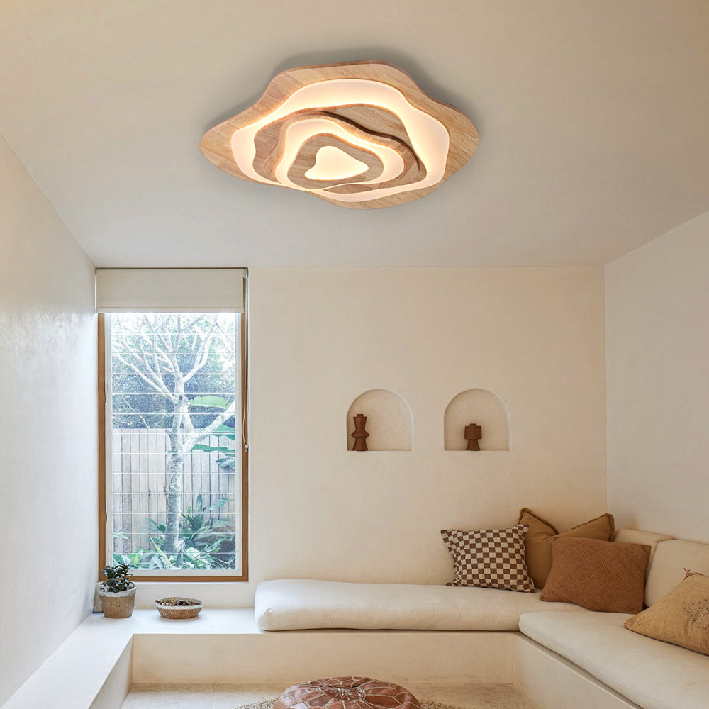 Modern Organic Wood Flush Mount Ceiling Light - Japandi Topographic LED Lamp