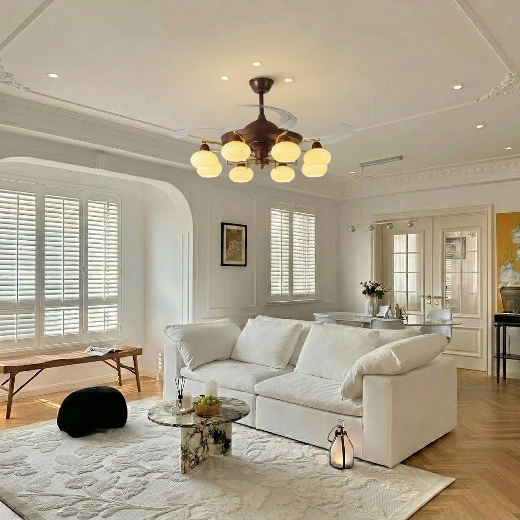 Retractable Ceiling Fan Light - Walnut & Glass Globes