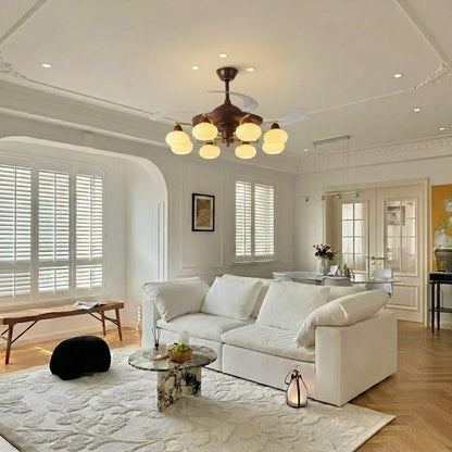Retractable Ceiling Fan Light - Walnut & Glass Globes