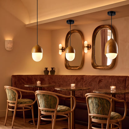 Nordic Acorn Wood-Grain Pendant Light - Frosted Glass Globe Chandelier