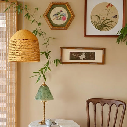 Modern Hand-Woven Straw Pendant Light - Japandi Open Weave Dome Lamp