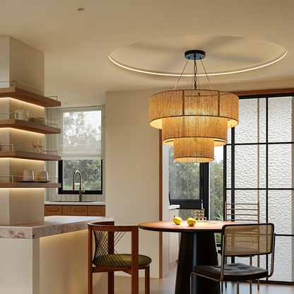 Modern 3-Tier Natural Jute Rope Chandelier - Layered Boho Drum Pendant Light