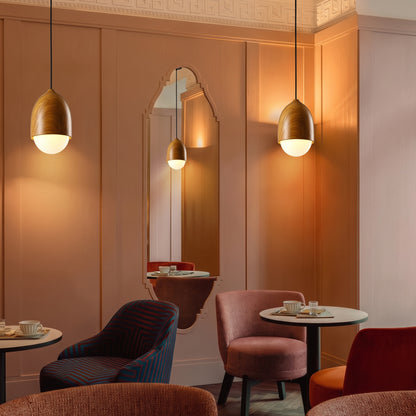 Nordic Acorn Wood-Grain Pendant Light - Frosted Glass Globe Chandelier